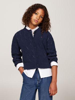 cardigan boxy en maille chenille ajourée bleu pour filles tommy hilfiger