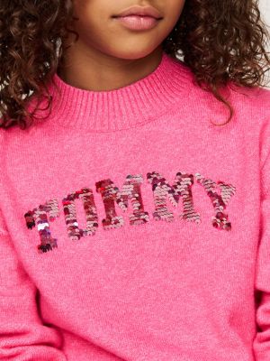 pull varsity à logo en sequins rose pour filles tommy hilfiger