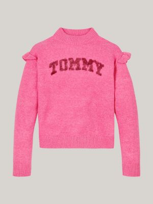 różowy sweter w uczelnianym stylu z cekinowym logo dla dziewczynki - tommy hilfiger