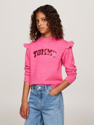 pull varsity à logo en sequins rose pour filles tommy hilfiger