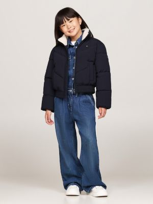 blau cropped fit puffer-jacke mit teddy-fleece für mädchen - tommy hilfiger