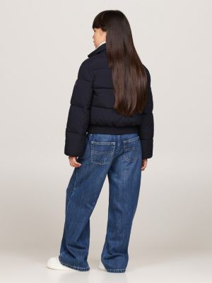 giubbino crop con colletto in sherpa blu da bambine tommy hilfiger