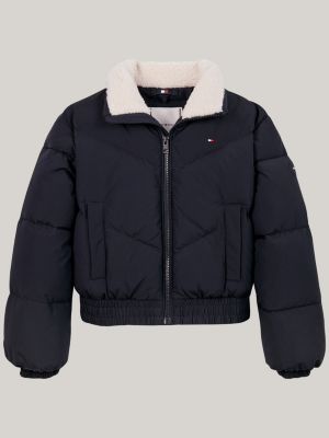 blue teddy fleece collar cropped puffer jacket for girls tommy hilfiger