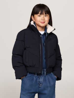 blau cropped fit puffer-jacke mit teddy-fleece für mädchen - tommy hilfiger