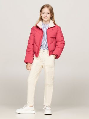 pink teddy fleece collar cropped puffer jacket for girls tommy hilfiger