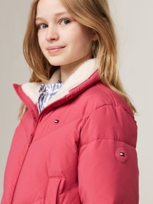 rosa cropped fit puffer-jacke mit teddy-fleece für mädchen - tommy hilfiger