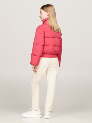 pink teddy fleece collar cropped puffer jacket for girls tommy hilfiger