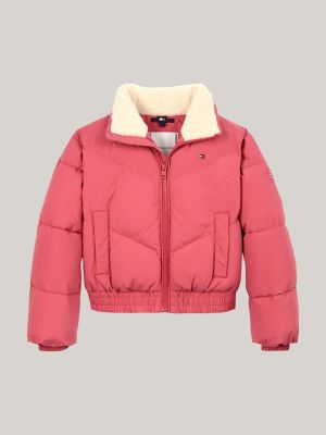 rosa cropped fit puffer-jacke mit teddy-fleece für mädchen - tommy hilfiger