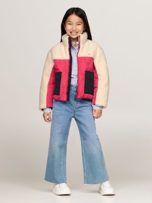 pink mixed texture relaxed puffer jacket for girls tommy hilfiger