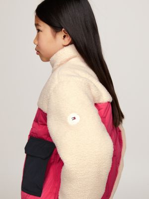 roze relaxed pufferjack met gemengde texturen voor meisjes - tommy hilfiger