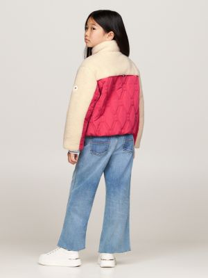 roze relaxed pufferjack met gemengde texturen voor meisjes - tommy hilfiger