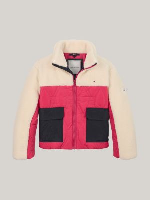 pink mixed texture relaxed puffer jacket for girls tommy hilfiger