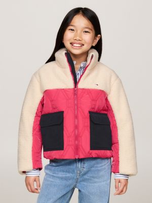 pink mixed texture relaxed puffer jacket for girls tommy hilfiger