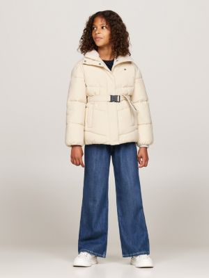 beige teddy collar relaxed belted puffer jacket for girls tommy hilfiger