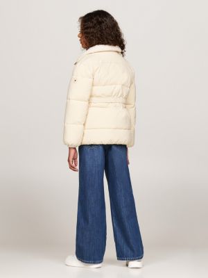 beige teddy collar relaxed belted puffer jacket for girls tommy hilfiger