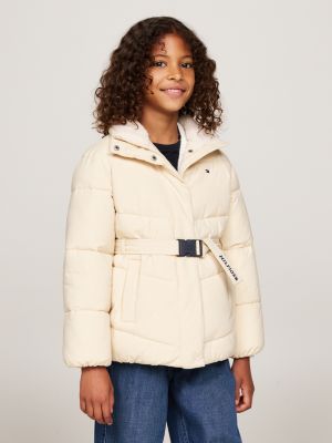 doudoune décontractée ceinturée à col teddy beige pour filles tommy hilfiger