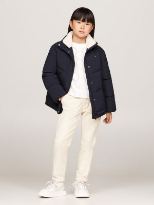 blue teddy collar relaxed belted puffer jacket for girls tommy hilfiger