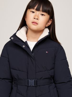 blue teddy collar relaxed belted puffer jacket for girls tommy hilfiger