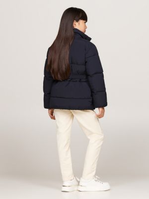 blue teddy collar relaxed belted puffer jacket for girls tommy hilfiger