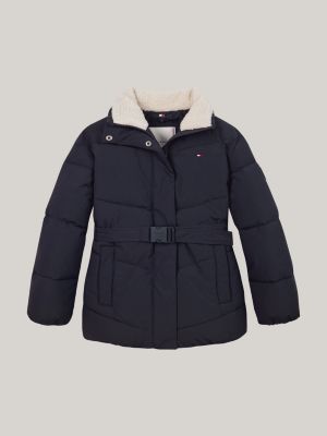 blue teddy collar relaxed belted puffer jacket for girls tommy hilfiger