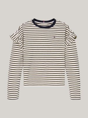 beige metallic stripe long sleeve relaxed t-shirt for girls tommy hilfiger