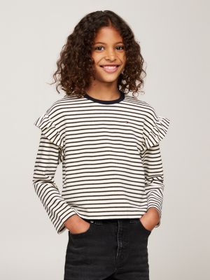 beige metallic stripe long sleeve relaxed t-shirt for girls tommy hilfiger