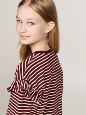 red metallic stripe long sleeve relaxed t-shirt for girls tommy hilfiger