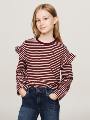 red metallic stripe long sleeve relaxed t-shirt for girls tommy hilfiger