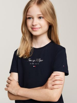 blau rundhals-t-shirt mit metallic-logo für mädchen - tommy hilfiger