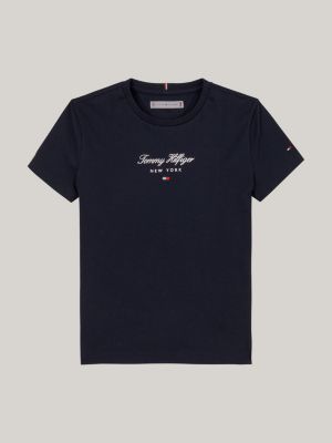 blau rundhals-t-shirt mit metallic-logo für mädchen - tommy hilfiger