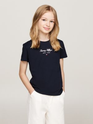 blue t-shirt met ronde hals en metallic logo voor meisjes - tommy hilfiger