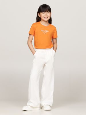 t-shirt à col ras-du-cou et logo métallisé orange pour filles tommy hilfiger