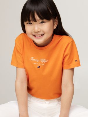 t-shirt con logo metallizzato arancione da bambine tommy hilfiger