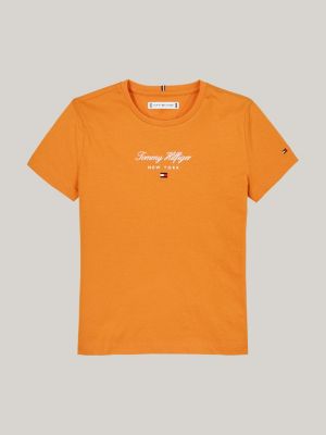 t-shirt à col ras-du-cou et logo métallisé orange pour filles tommy hilfiger