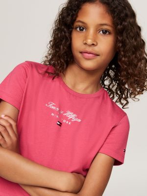 pink metallic logo crew neck t-shirt for girls tommy hilfiger