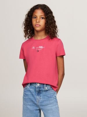 rosa rundhals-t-shirt mit metallic-logo für mädchen - tommy hilfiger