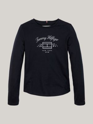 t-shirt a maniche lunghe con bandiera blu da bambine tommy hilfiger