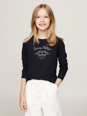 t-shirt à manches longues et motif drapeau bleu pour filles tommy hilfiger