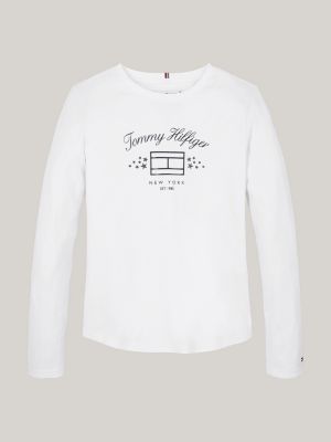 t-shirt à manches longues et motif drapeau blanc pour filles tommy hilfiger