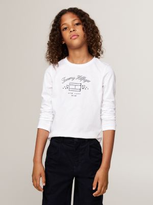 t-shirt a maniche lunghe con bandiera white da bambine tommy hilfiger