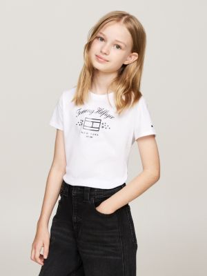 t-shirt slim fit con logo stampato white da bambine tommy hilfiger