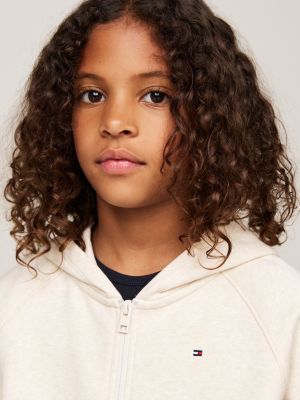 beige embroidery logo zip-thru hoody for girls tommy hilfiger