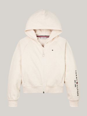 beige embroidery logo zip-thru hoody for girls tommy hilfiger