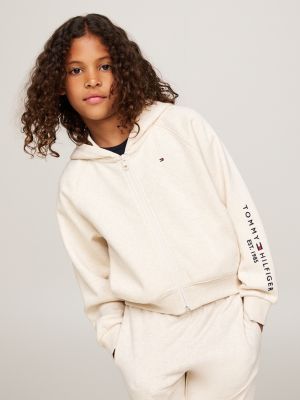 beige embroidery logo zip-thru hoody for girls tommy hilfiger