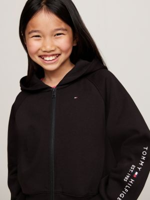 schwarz reißverschluss-hoodie mit aufgesticktem logo für mädchen - tommy hilfiger