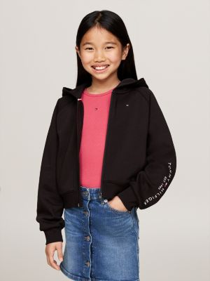 black embroidery logo zip-thru hoody for girls tommy hilfiger