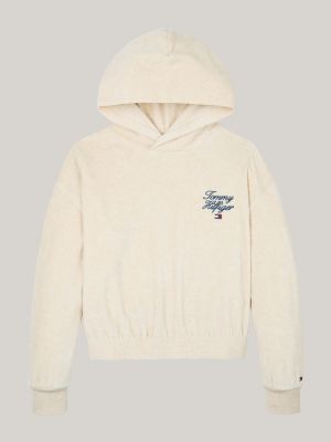 beige relaxed fit velours-hoodie mit logo für mädchen - tommy hilfiger