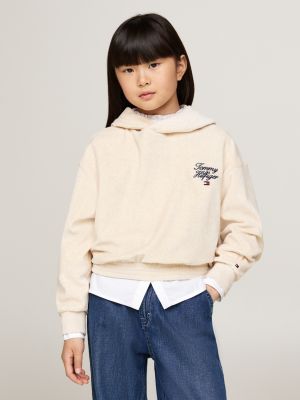 beige relaxed fit velours hoodie met scriptlogo voor meisjes - tommy hilfiger