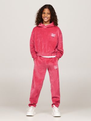 felpa relaxed fit in velour con cappuccio rosa da bambine tommy hilfiger