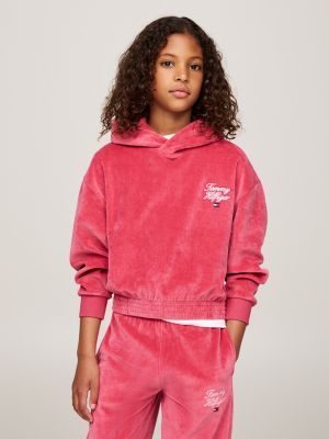 rosa relaxed fit velours-hoodie mit logo für mädchen - tommy hilfiger